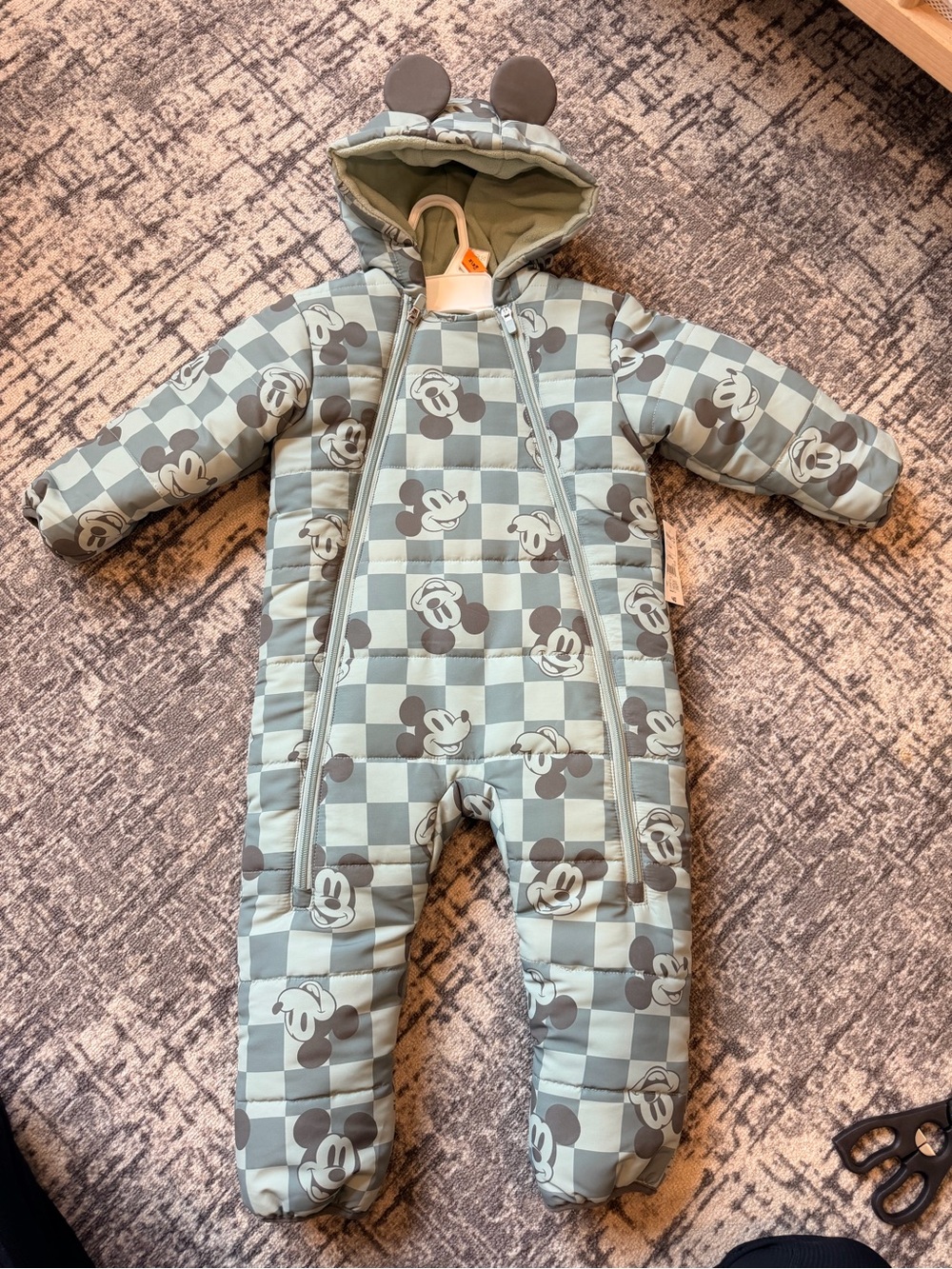 Disney Baby Mickey Mouse Puffer One-Piece - Sage Green and Gray